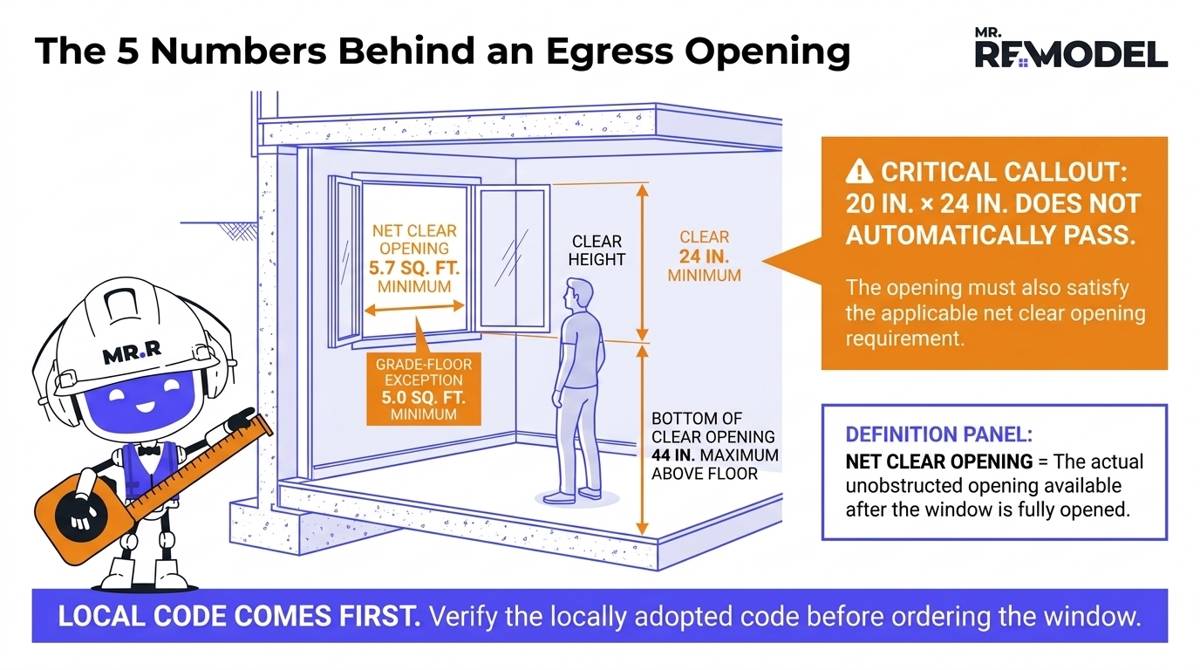 Egress window code diagram showing the 2021 IRC model-code baseline of 5.7 square feet net clear opening, 5 square feet for qualifying grade-floor openings, 24-inch minimum clear height, 20-inch minimum clear width, and 44-inch maximum opening height above the floor.